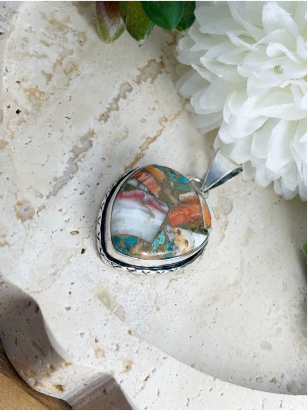 Southwest Oyster Turquoise Pendant Pear Sterling Silver 925 Overlay Handmade New - Picture 5 of 7